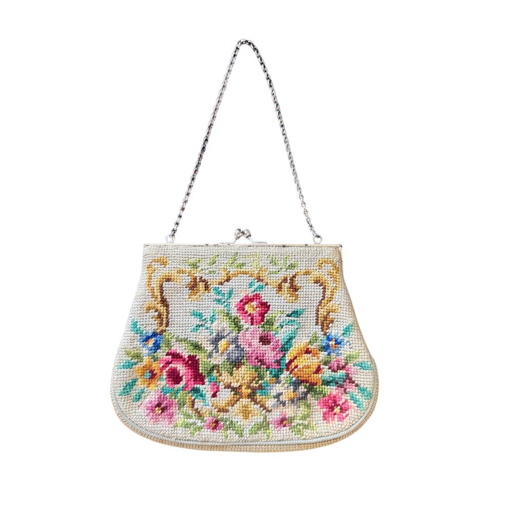 Vintage Pink Yellow Tea Rose Cross Stitch Cream Mini Purse Minaudière 4.5x4.5